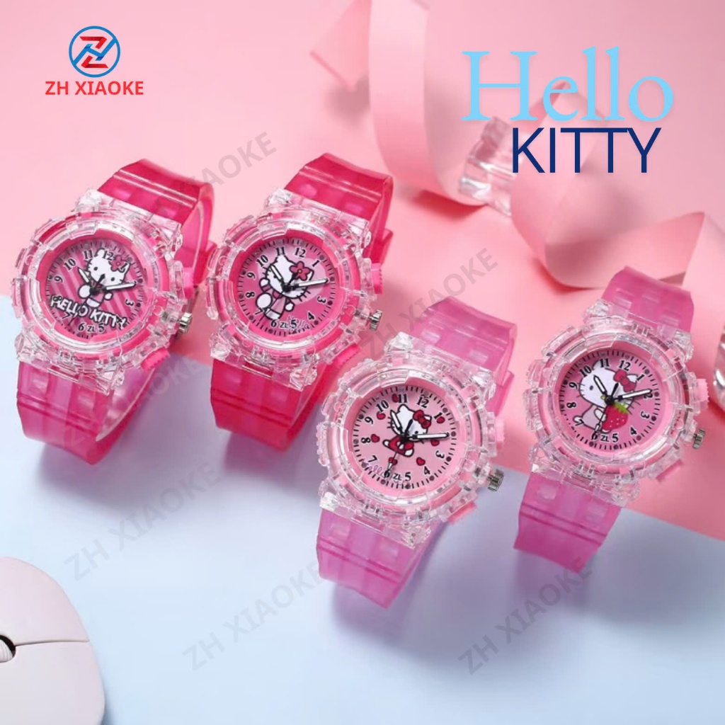 Đồng hồ đeo tay có dèn Led phát sáng ZH XIAOKE, đồng hồ họa tiết hoạt hình hello kitty nhiều màu sắc