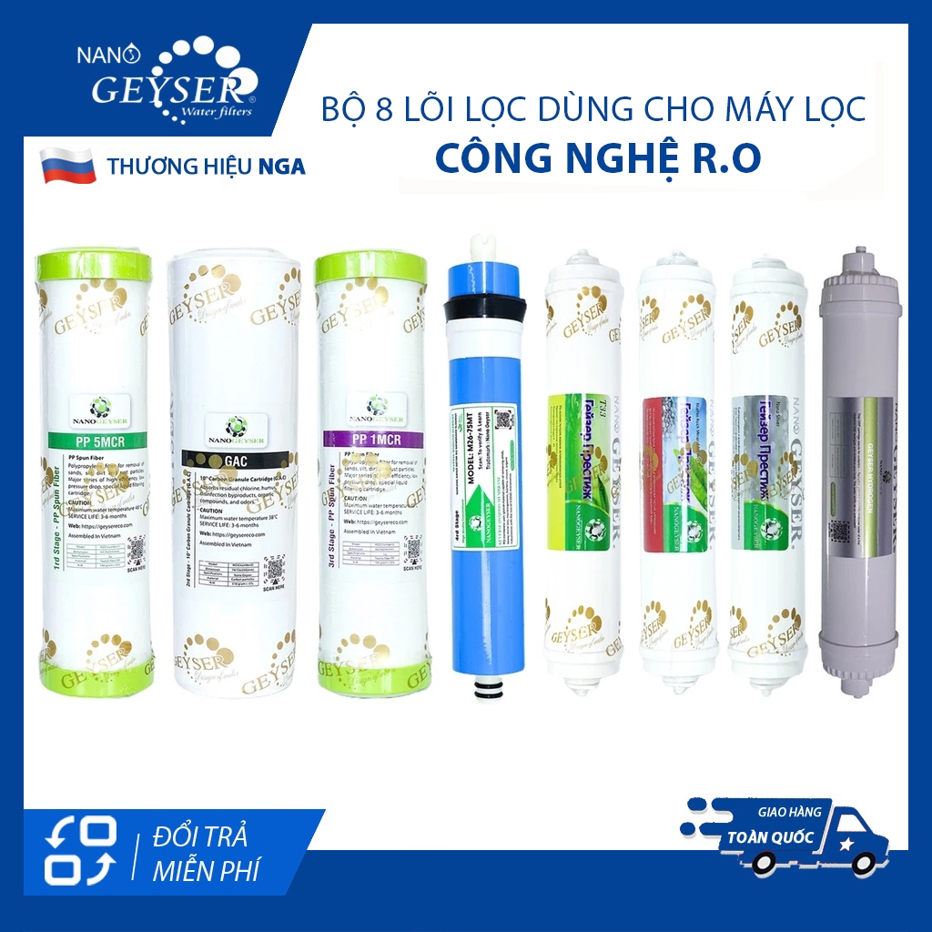 Bộ 8 lõi lọc nước dùng cho máy lọc nước công nghệ RO, Nano Geyser RO Eco, Kangaroo, Karofi, Aqua, Sunhouse...
