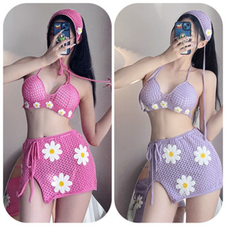 [Có sẵn]- Set bikini len móc thủ công 3 món sexy gồm chân váy , áo bra, băng đô QCCC
