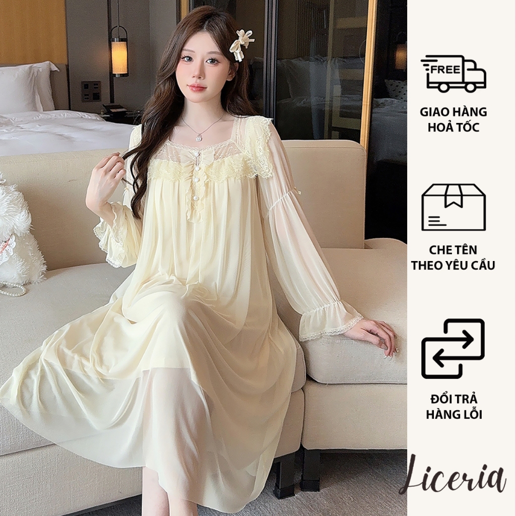 Đầm Ngủ Dài Tay Pha Ren LICERIA  A3510 Có Đệm Ngực Dành Cho Nữ Phong Cách Công Chúa Chất Mềm Mịn