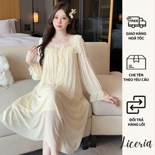 Đầm Ngủ Dài Tay Pha Ren LICERIA  A3510 Có Đệm Ngực Dành Cho Nữ Phong Cách Công Chúa Chất Mềm Mịn