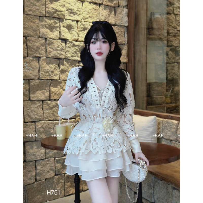 Set áo sơmi ren oze kèm dây hoa mix chân váy xoè tầng sẵn lót HAH