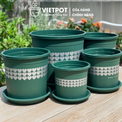 Chậu nhựa trồng cây VIETPOT, màu xanh hoa văn tim, trồng hoa kiểng, để bàn, sân vườn, ban công.