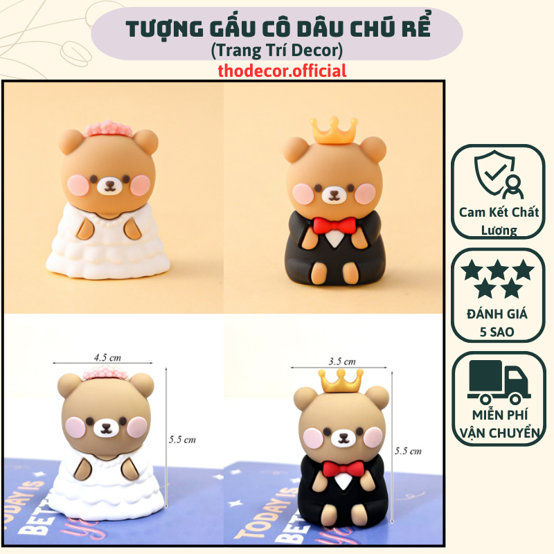 Tượng Silicon Gấu Cô Dâu Chú Rể Decor Ngày Cưới, Taplo Oto Cute