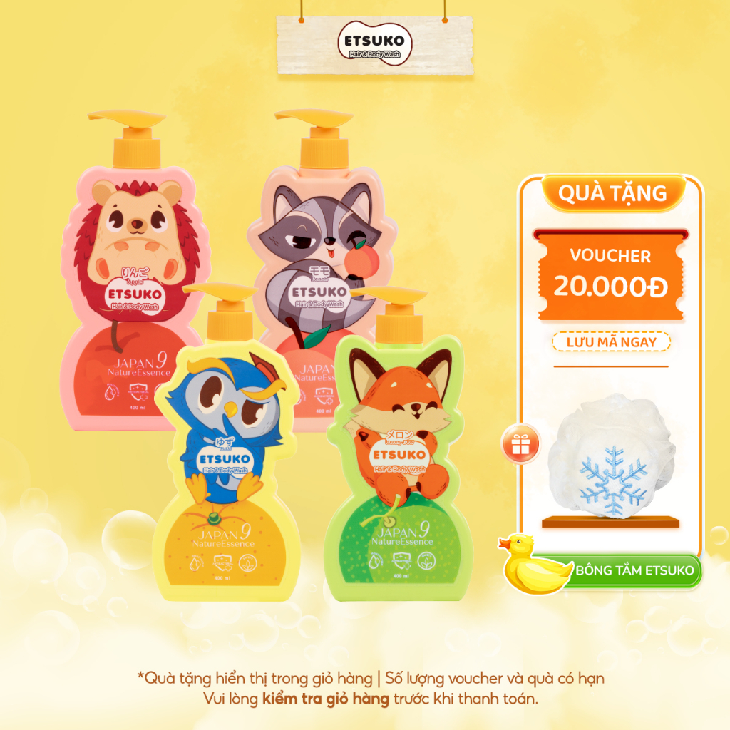 Sữa Tắm Gội Cho Bé ETSUKO 400ml Dưỡng Ẩm Dịu Nhẹ Kháng Khuẩn Bảo Vệ Cho Bé, An Toàn Cho Da Nhạy Cảm