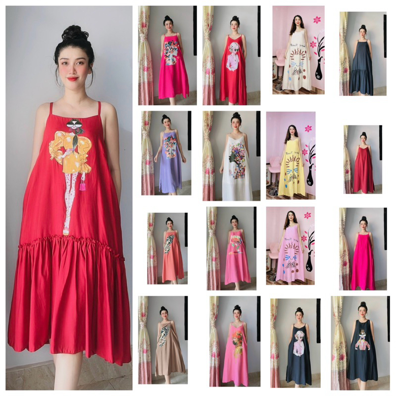 Đầm suông limen in hình có túi ( tổng hợp )
