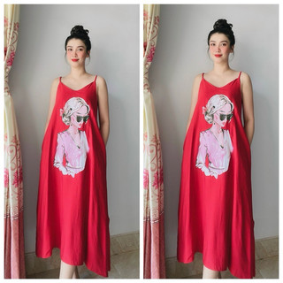 Đầm suông limen in hình có túi ( tổng hợp )