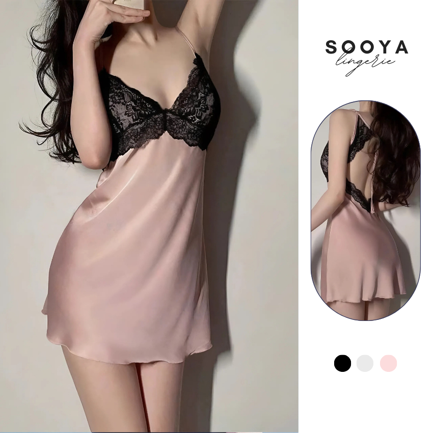 Váy ngủ lụa phối ren hở lưng Sooya có kèm mút ngực N010