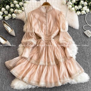 HA5432 [Sẵn một số size] Đầm cổ chân dáng tay đèn lồng thêu ren có lót trong tiểu thư váy phong cách Châu Âu siêu đẹp