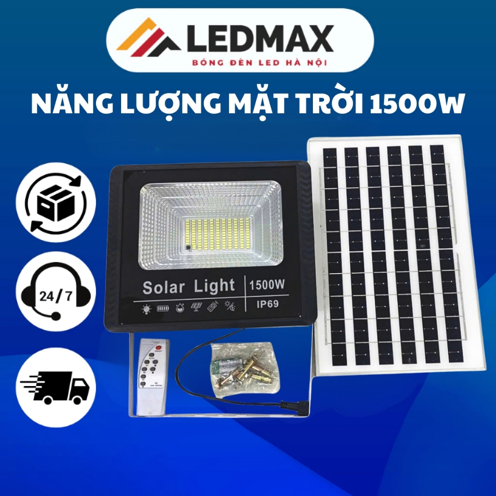 Đèn pha Năng Lượng Mặt Trời 1500W tự động sạc, vỏ nhựa chống nước, chiếu sáng 8-10 tiếng