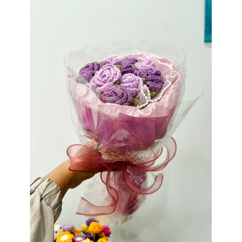 Bó hồng mini bằng len, hoa len, hoa hồng mini bằng len