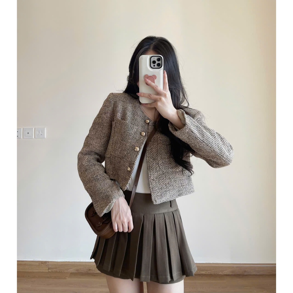 Áo Khoác Dạ Kẻ Croptop, Áo Khoác Dạ Hai Lớp Có Lót Trong Dày Dặn Form Tiểu Thư Miho House | BigBuy360 - bigbuy360.vn