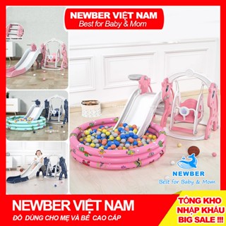 Cầu Trượt Xích Đu NEWBER PONY TO Tặng Kèm BỂ BÓNG, Cầu Trượt Cho Bé Dài 190cm Thành Cao An Toàn