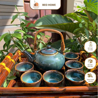 Bộ Ấm Chén kèm Khay quai mây màu Xanh Ngọc Bích, bộ ấm chén uống trà Men Hoả Biến Gốm Sứ Bát Tràng