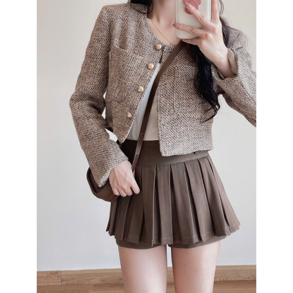 Áo Khoác Dạ Kẻ Croptop, Áo Khoác Dạ Hai Lớp Có Lót Trong Dày Dặn Form Tiểu Thư Miho House | BigBuy360 - bigbuy360.vn