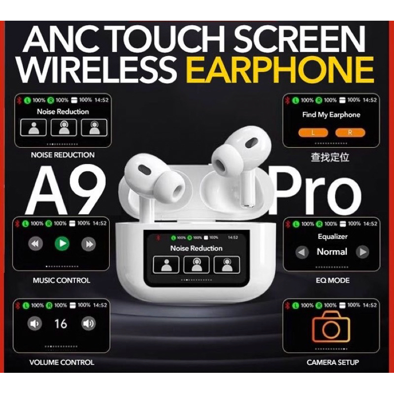 Tai nghe không dây A9Pro Bluetoth 5.4 TWS HiFi ANC Màn hình cảm ứng Khử tiếng ồn Tai nghe nhạc thể t