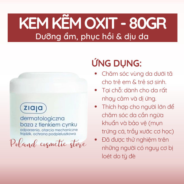 Kem hăm Kẽm Oxit Ziaja giúp làm mềm dưỡng ẩm giảm kích ứng và đỏ da 80gr
