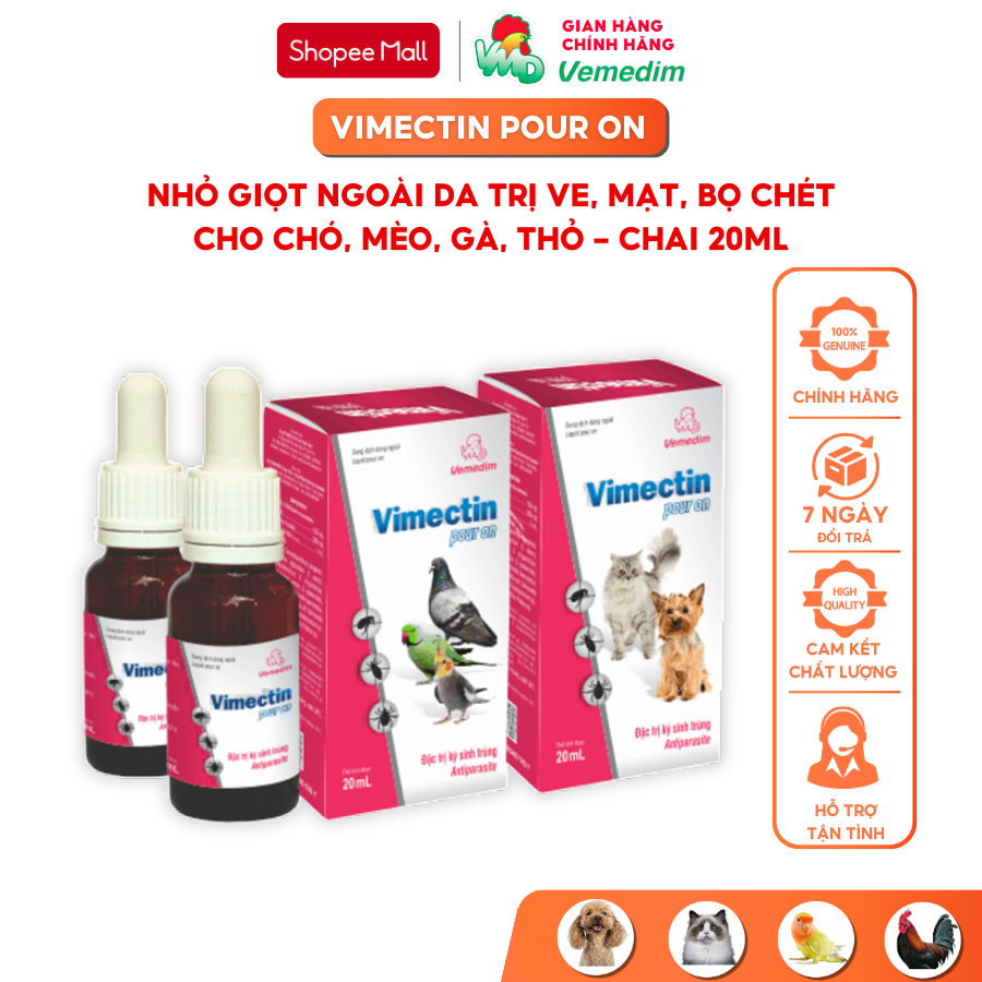Vemedim Vimectin pour on, phòng ve, bọ chét cho chó, mèo, chim cảnh, gia cầm, chai 20ml