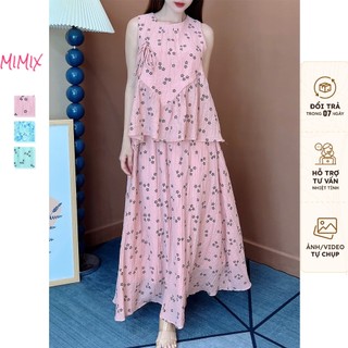  Bộ Nữ Hoa Daisy MIMIX Áo Baby Doll Cổ Tròn Đính Nơ Mix Chân Váy Dáng Dài Xòe Có Lót 3 Màu ET9225 