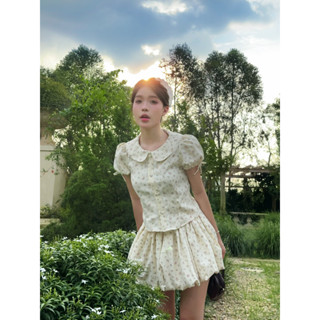 Set Hoa Nhí Chân Váy Bí + Áo Sơ Mi Cổ Sen - Chanmii