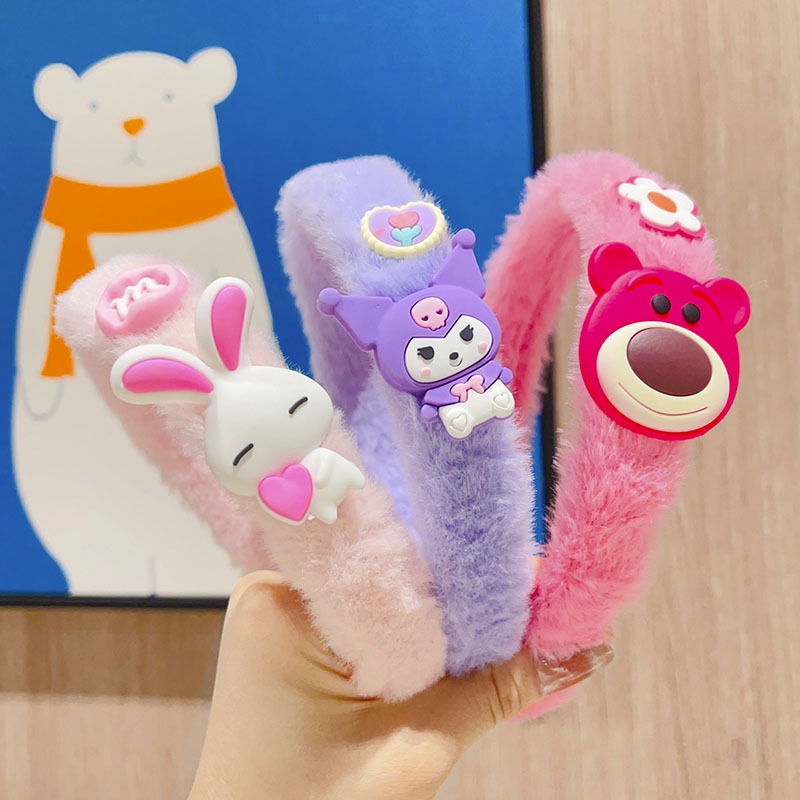 Băng Đô Cài Tóc Bằng Vải Lông Họa Tiết Gấu Dâu/Thỏ/Hoạt Hình Dễ Thương Cho Bé Gái - Bờm cài tóc hình