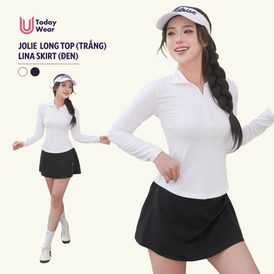 Set đồ tập áo Jolie Long Top trắng mix chân váy Lina skirt đen Today U Wear