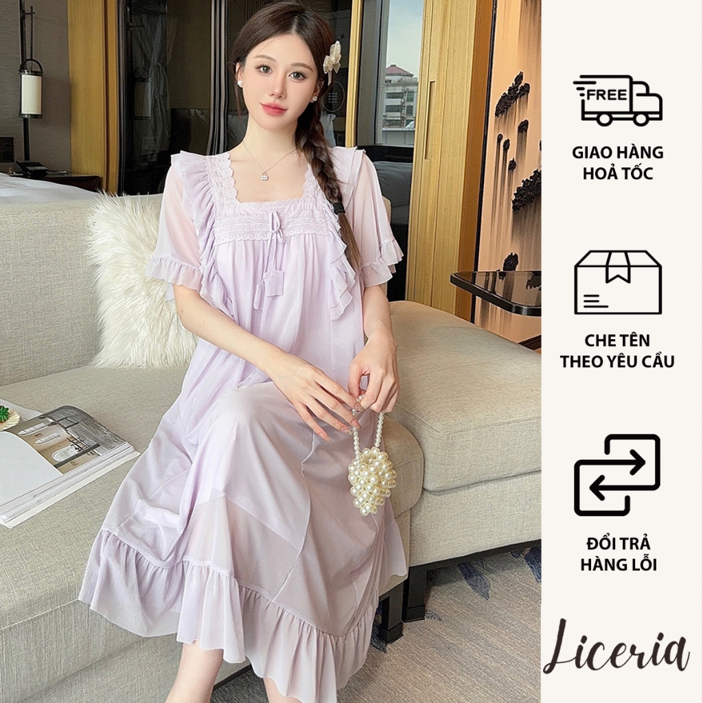 Đầm Ngủ Ngắn Tay Cổ Vuông LICERIA Mã 39 Mặc Ở Nhà Cho Nữ Chất Voan Lưới Phong Cách Cung Điện Có Đệm Ngực.