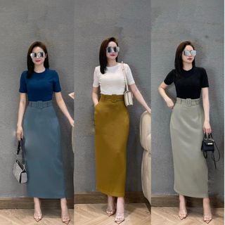  Chân váy Susuclothing suông dáng dài maxi phối đai vải có túi chéo 2 bên xẻ sau BC90 Kèm Đai Vải 