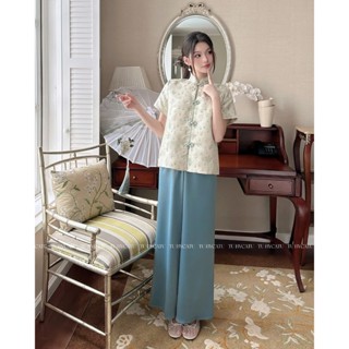 TUBYCATU | Áo gấm bông xanh cổ trụ 4 nút tàu (không kèm quần)