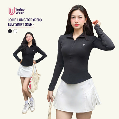 Set đồ tập áo Jolie Long Top đen mix chân váy Elly skirt trắng Today U Wear
