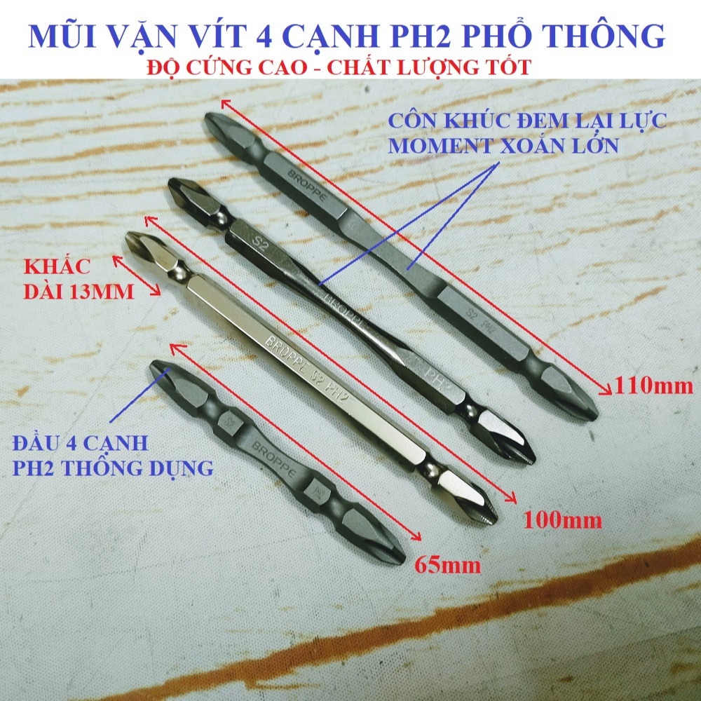 SV Mũi vặn vít 4 cạnh (2 đầu) PH2 độ cứng cao thông dụng