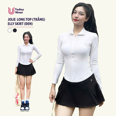 Set đồ tập áo Jolie Long Top trắng mix chân váy Elly skirt đen Today U Wear