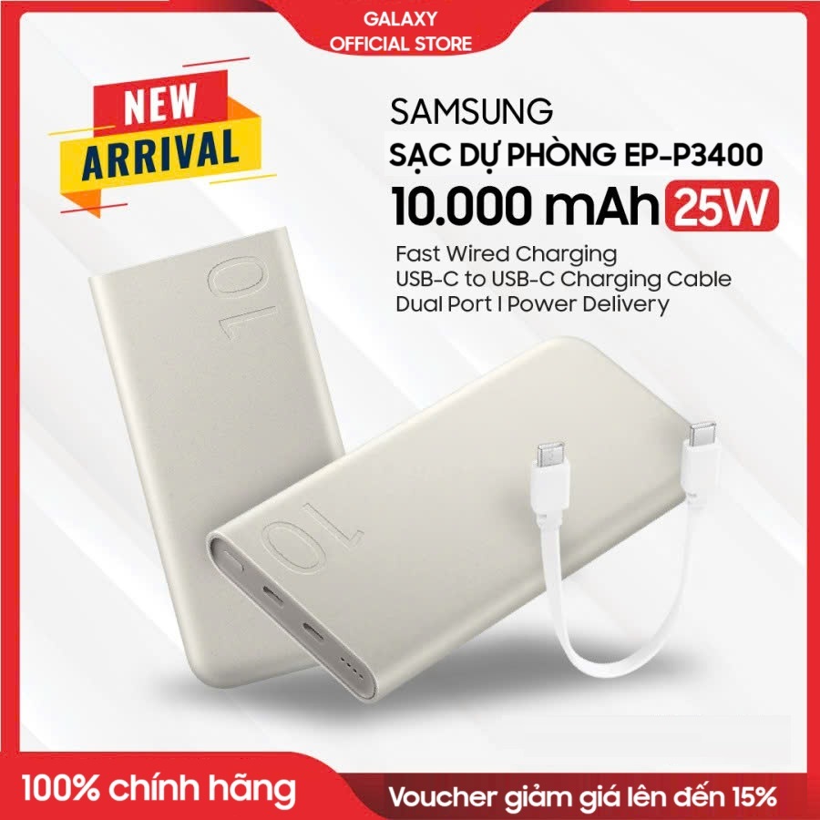 Chính hãng - Sạc dự phòng Samsung 10000 mAh 25W cổng type C EB-P3400 - New nguyên seal