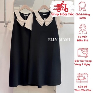 [BEST SELLER] (40kg - 95kg) Đầm Bầu Đen Cổ Be 2 Tầng, Tay Phồng, Form Suông Che Bụng, Siêu Mát MCN