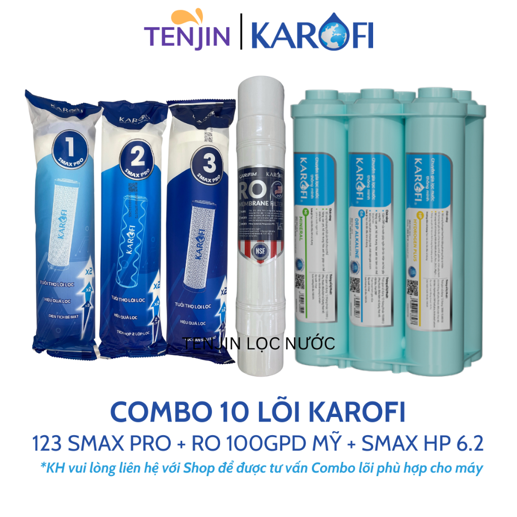 Combo 10 Lõi Lọc Nước Dùng Cho Máy Lọc Nước Karofi P95, Gồm 123 Smax Pro + RO Mỹ Và Bộ HP 6.2 Hiệu S