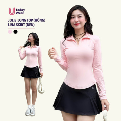 Set đồ tập áo Jolie Long Top hồng pastel mix chân váy Elly skirt đen Today U Wear