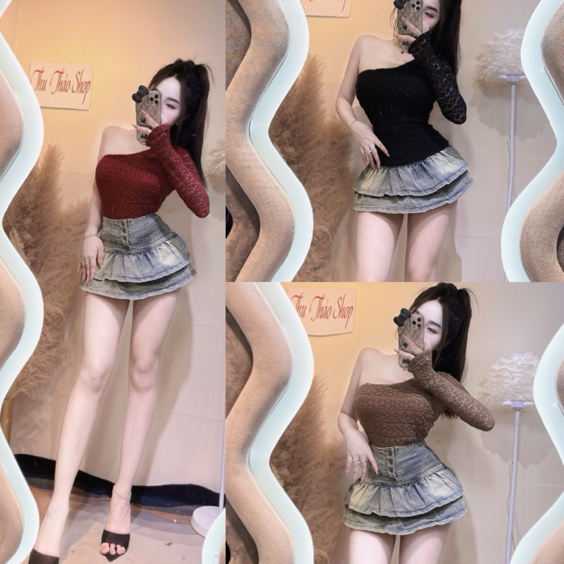 ÁO THUN TAY DÀI REN XỐP LỆCH VAI 1 BÊN CÓ KÈM MÚT ĐỆM FOM VỪA DÀI QUA RÚN