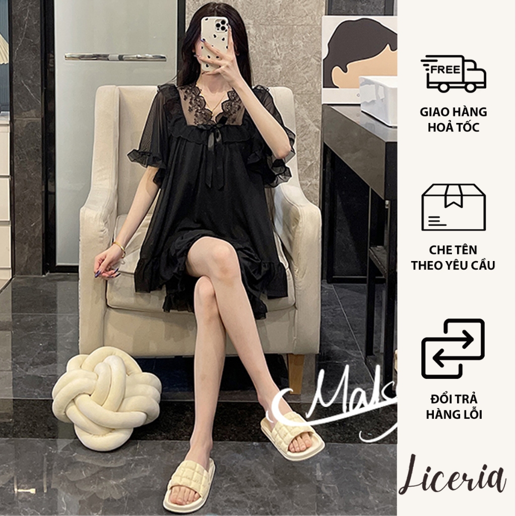 Bộ Đồ Ngủ Nữ Ngắn Tay Có Miếng Đệm Mút Phong Cách Công Chúa LICERIA Mã 2332.