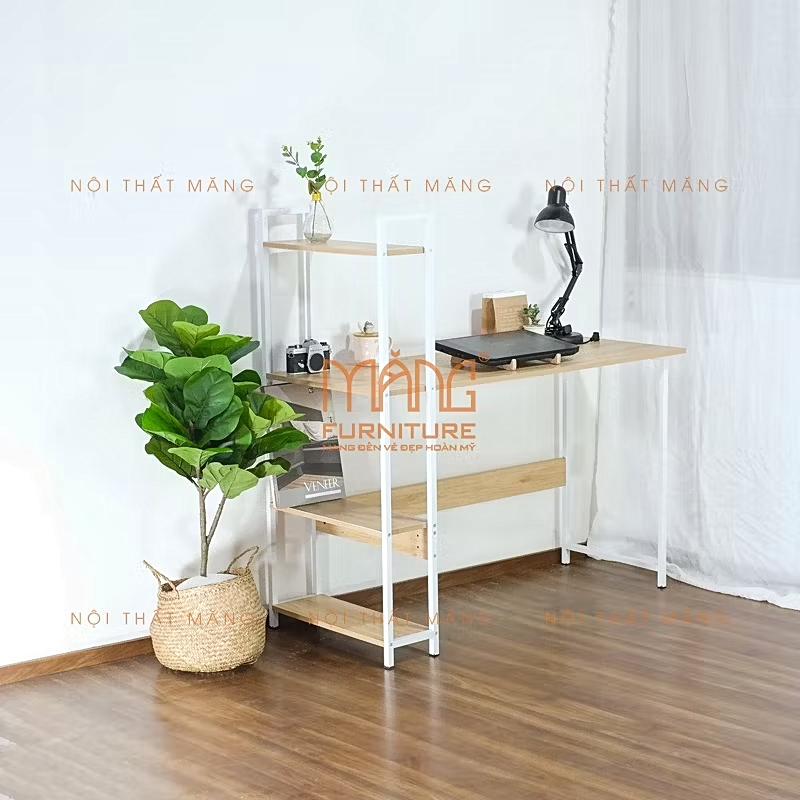 Bàn làm việc có kệ lửng, kèm kệ sách cao 75cm (có phụ kiện ốc vít kèm theo) chân sắt, mặt ván mdf, mẫu mới Nội thất Măng
