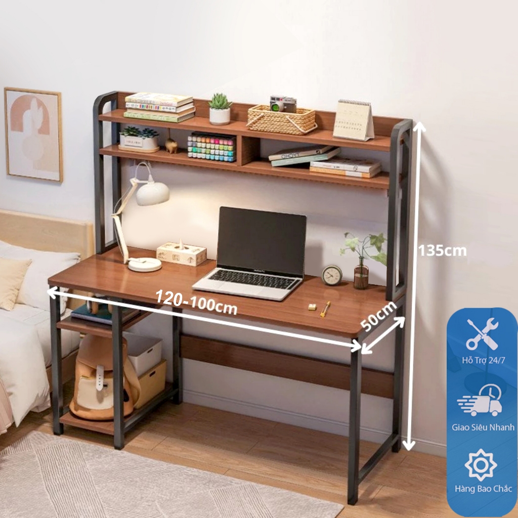 Bàn làm việc có kệ lửng, kèm kệ sách cao 75cm (có phụ kiện ốc vít kèm theo) chân sắt, mặt ván mdf, mẫu mới Nội thất Măng