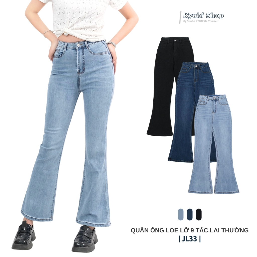 Quần jean ống loe 9 tấc cạp cao KYUBI, quần bò ống loe dáng lỡ phong cách Hàn Quốc co dãn 4 chiều cao cấp - JL33