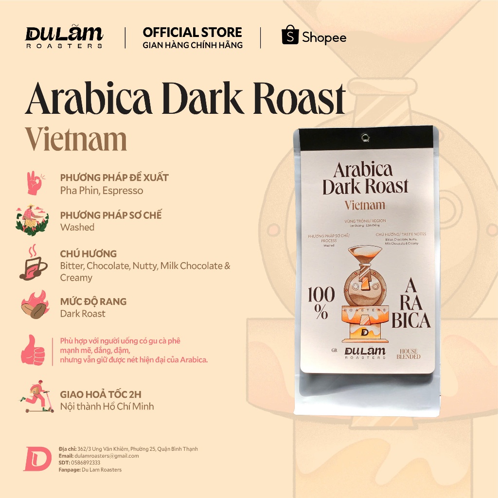 Cà Phê Arabica Rang Đậm DARK ROAST Mộc sơ chế tự nhiên gu truyền thống , pha phin- Du Lãm Roasters