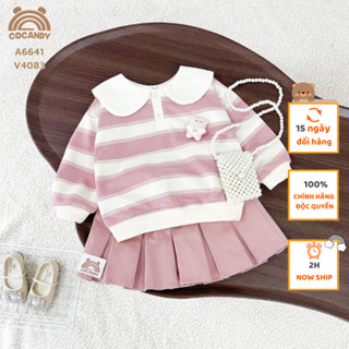 Set đồ cho bé -Áo dài kẻ HỒNG BE cổ sen và Chân váy HỒNG xếp ly nơ to chéo của COCANDY mã A6641,V4083