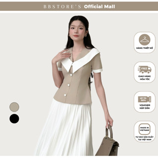  Áo Dự Tiệc Dáng Peplum Cổ V Phối Vạt Cổ Trắng Tay Ngắn Chất Cotton Tuyết BBSTORE'S  - A4107A
