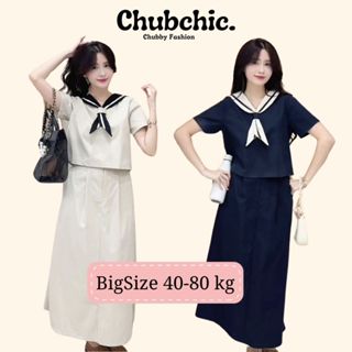 Set bộ nữ BIGSIZE Chubchic set áo cộc tay cổ thủy thủ kèm khăn mix chân váy dài siêu xinh 187
