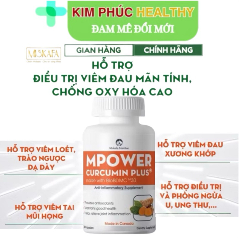 Viên uống MPOWER CURCUMIN PLUS - Hỗ trợ giảm đau khớp, chống oxy hóa từ Canada
