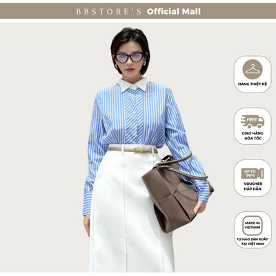  BBSTORE’S Áo Sơ Mi Công Sở Sọc Xanh Tay Dài Phối Cổ Áo Trắng - A4017A 