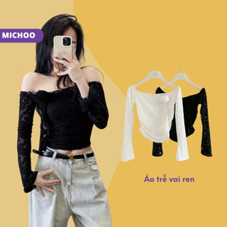 Áo Trễ Vai Phối Ren Sexy MICHOO Đính Hoa Hồng Tay Loe Áo Nữ Thu Đông Tiểu Thư Sang Trọng