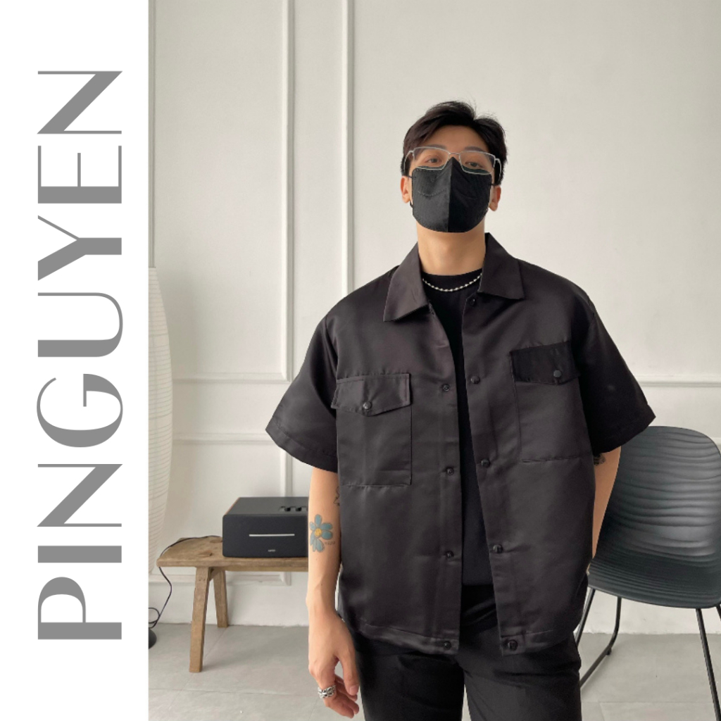 Áo Sơ Mi Ngắn Đen Chất Phi Bóng Form Boxy, Áo Sơ Mi Ngắn Thời Trang Nam PINGUYEN 047