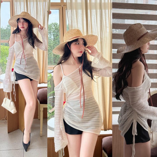 set áo trắng form dài lệch vai TD bra 2s trắng kèm short đen